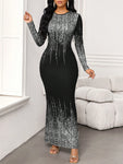 SHEIN Lady Wedding Guest Dress Women's Party Wear Black Bottom Sequin Printed Long Dress