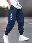 Men's Casual Letter Printed Multi-Pocket Drawstring Waist Cargo Pants