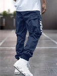 Men's Casual Letter Printed Multi-Pocket Drawstring Waist Cargo Pants