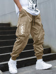 Men Casual Street Style Letter Print Drawstring Waist Flap Pocket Jogger Cargo Pants