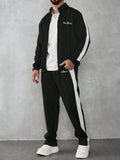 Manfinity Roghcode Men's Letter Print Zipper Front Hoodie And Sweatpants Casual Tracksuit Set, Autumn Winter