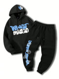 Manfinity EMRG 2pcs Men's Drawstring Letter Print Hoodie Sweatshirt And Pants Set, Casual Loungewear