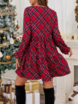 SHEIN Essnce Women's V-Neck Long Sleeve Plaid Pleated Mini Dress, Casual Everyday Wear,Christmas Women Dress,Christmas Women Clothes,Plaid Dress, - MapleCo