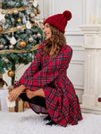 SHEIN Essnce Women's V-Neck Long Sleeve Plaid Pleated Mini Dress, Casual Everyday Wear,Christmas Women Dress,Christmas Women Clothes,Plaid Dress, - MapleCo