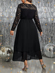 SHEIN Clasi Plus Size Women Elegant Lace Patchwork Hem Pearl Decor Long Dress