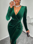 Women's Deep V-Neck Puff Sleeve Wrap Hem Velvet Dress, Wedding Event Dress