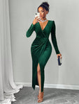 Women's Deep V-Neck Puff Sleeve Wrap Hem Velvet Dress, Wedding Event Dress