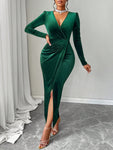 Women's Deep V-Neck Puff Sleeve Wrap Hem Velvet Dress, Wedding Event Dress