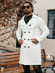 Manfinity CasualCool Double-Breasted Solid Color Long Sleeve Pocket Long Wool Blend Coat,Fall Men Clothes,Winter Men White Coat