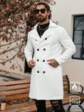 Manfinity CasualCool Double-Breasted Solid Color Long Sleeve Pocket Long Wool Blend Coat,Fall Men Clothes,Winter Men White Coat