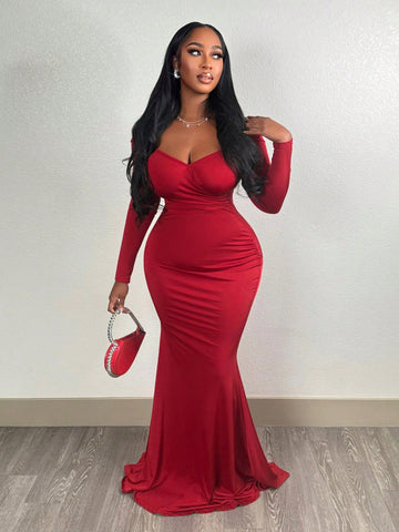 SHEIN Slayr Elegant Party Glamorous Sexy Off Shoulder Open Shoulder Long Sleeve High Slit Bodycon Mermaid Floor-Length Glossy Stretch Knit Dress For Women - D