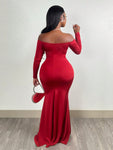 SHEIN Slayr Elegant Party Glamorous Sexy Off Shoulder Open Shoulder Long Sleeve High Slit Bodycon Mermaid Floor-Length Glossy Stretch Knit Dress For Women - D