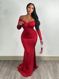 SHEIN Slayr Elegant Party Glamorous Sexy Off Shoulder Open Shoulder Long Sleeve High Slit Bodycon Mermaid Floor-Length Glossy Stretch Knit Dress For Women - D