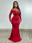 SHEIN Slayr Elegant Party Glamorous Sexy Off Shoulder Open Shoulder Long Sleeve High Slit Bodycon Mermaid Floor-Length Glossy Stretch Knit Dress For Women - D