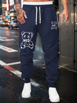 Men's Autumn Winter New Trendy Cartoon Bear Pattern Drawstring Waist Sweatpants