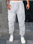 Men's Autumn Winter New Trendy Cartoon Bear Pattern Drawstring Waist Sweatpants