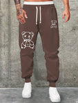 Men's Autumn Winter New Trendy Cartoon Bear Pattern Drawstring Waist Sweatpants