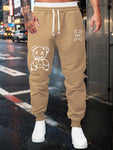 Men's Autumn Winter New Trendy Cartoon Bear Pattern Drawstring Waist Sweatpants