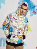 Nick 90s X SHEIN Men's Casual Cartoon Character Print Drop Shoulder Loose Drawstring Kangaroo Pocket Hoodie, Spring And Autumn - MapleCo