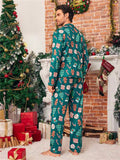 2pcs Men's Green All-Over Christmas Themed Print Loungewear Set, Long Sleeve Cardigan And Relaxed Pants, Comfortable - MapleCo