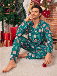 2pcs Men's Green All-Over Christmas Themed Print Loungewear Set, Long Sleeve Cardigan And Relaxed Pants, Comfortable - MapleCo