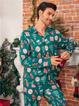 2pcs Men's Green All-Over Christmas Themed Print Loungewear Set, Long Sleeve Cardigan And Relaxed Pants, Comfortable - MapleCo