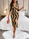 Women's  Fashionable Wave Prints Crisscross Wrap Three-Quarter Sleeves V-Neck Ruched Bodycon Dress(Random Print)