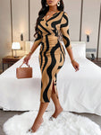 Women's  Fashionable Wave Prints Crisscross Wrap Three-Quarter Sleeves V-Neck Ruched Bodycon Dress(Random Print)