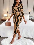 Women's  Fashionable Wave Prints Crisscross Wrap Three-Quarter Sleeves V-Neck Ruched Bodycon Dress(Random Print)