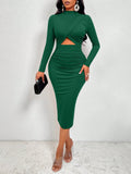 SOLERSUN Elegant Solid Color Hollow Out Ruched Bodycon Dress, Autumn