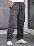 Manfinity CasualCool Men's Casual Solid Color Drawstring Waist Straight-Leg Cargo Pants,Cargo Men Pants