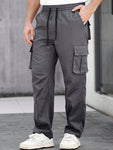 Manfinity CasualCool Men's Casual Solid Color Drawstring Waist Straight-Leg Cargo Pants,Cargo Men Pants