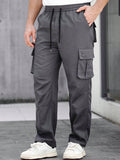 Manfinity CasualCool Men's Casual Solid Color Drawstring Waist Straight-Leg Cargo Pants,Cargo Men Pants