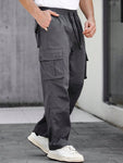 Manfinity CasualCool Men's Casual Solid Color Drawstring Waist Straight-Leg Cargo Pants,Cargo Men Pants