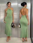 SHEIN Allurite Plain Color Halter Backless Twist Long Dress, Casual Everyday Wear