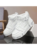 Men's Casual Sports Sneakers For Teenager With Mid Prints,Trendy White Shoes