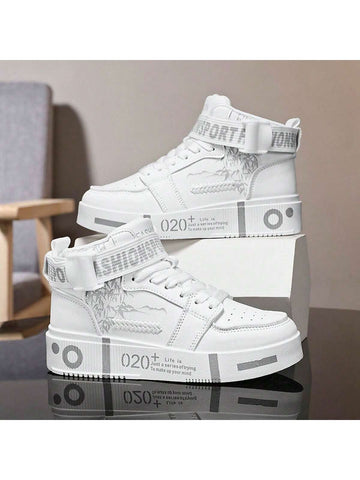 Men's Casual Sports Sneakers For Teenager With Mid Prints,Trendy White Shoes