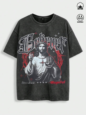 Manfinity ZONE917 Men's Oversized Street-Style Vintage American Art Font Distressed Red Thorn Grey Jesus Portrait Black Snow-Washed T-Shirt.