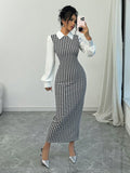 SHEIN Raffinéa Fashionable Elegant Slim Long Patchwork Puff Sleeve Collar Houndstooth Pattern Fabric Women's Long Dress, Autumn/Winter