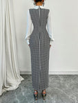 SHEIN Raffinéa Fashionable Elegant Slim Long Patchwork Puff Sleeve Collar Houndstooth Pattern Fabric Women's Long Dress, Autumn/Winter