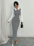 SHEIN Raffinéa Fashionable Elegant Slim Long Patchwork Puff Sleeve Collar Houndstooth Pattern Fabric Women's Long Dress, Autumn/Winter