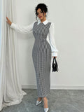 SHEIN Raffinéa Fashionable Elegant Slim Long Patchwork Puff Sleeve Collar Houndstooth Pattern Fabric Women's Long Dress, Autumn/Winter - MapleCo