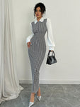 SHEIN Raffinéa Fashionable Elegant Slim Long Patchwork Puff Sleeve Collar Houndstooth Pattern Fabric Women's Long Dress, Autumn/Winter - MapleCo