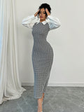 SHEIN Raffinéa Fashionable Elegant Slim Long Patchwork Puff Sleeve Collar Houndstooth Pattern Fabric Women's Long Dress, Autumn/Winter