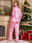 Christmas Candy Cane Printed Satin Lapel Cardigan Pajamas Set