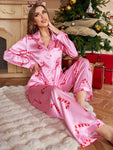 Christmas Candy Cane Printed Satin Lapel Cardigan Pajamas Set