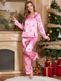 Christmas Candy Cane Printed Satin Lapel Cardigan Pajamas Set