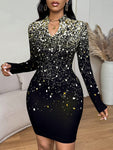 SHEIN Lady Sexy Women's V-Neck Long Sleeve Glitter Print Fitted Dress