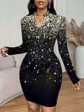 SHEIN Lady Sexy Women's V-Neck Long Sleeve Glitter Print Fitted Dress