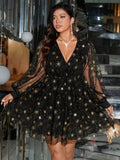 SHEIN Clasi Plus Size Women's Elegant Glitter Snowflake Print Mesh Lantern Sleeve Dress